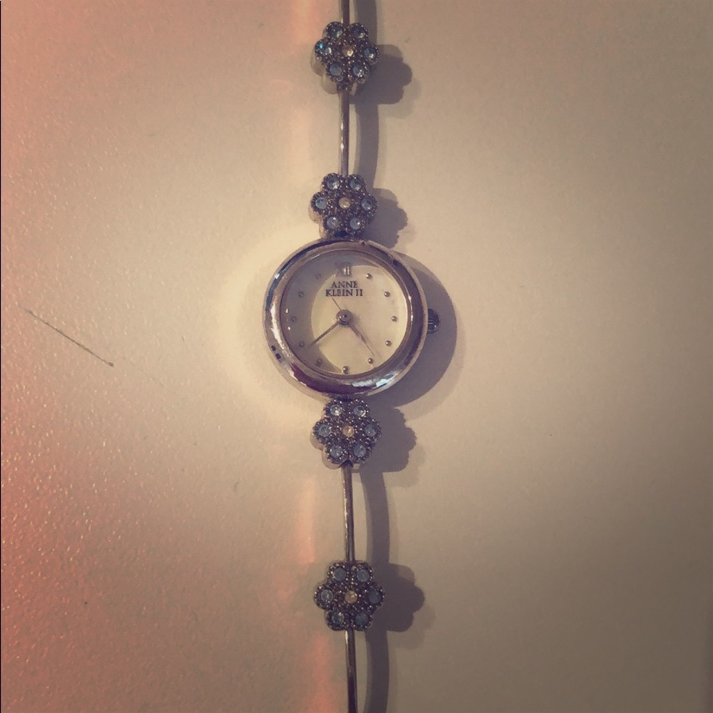 Anne Klein silver watch with studded flowers